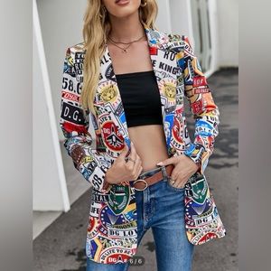 SHEIN All Over Random Print One Button Blazer. Women’s size Small (4).Multicolor